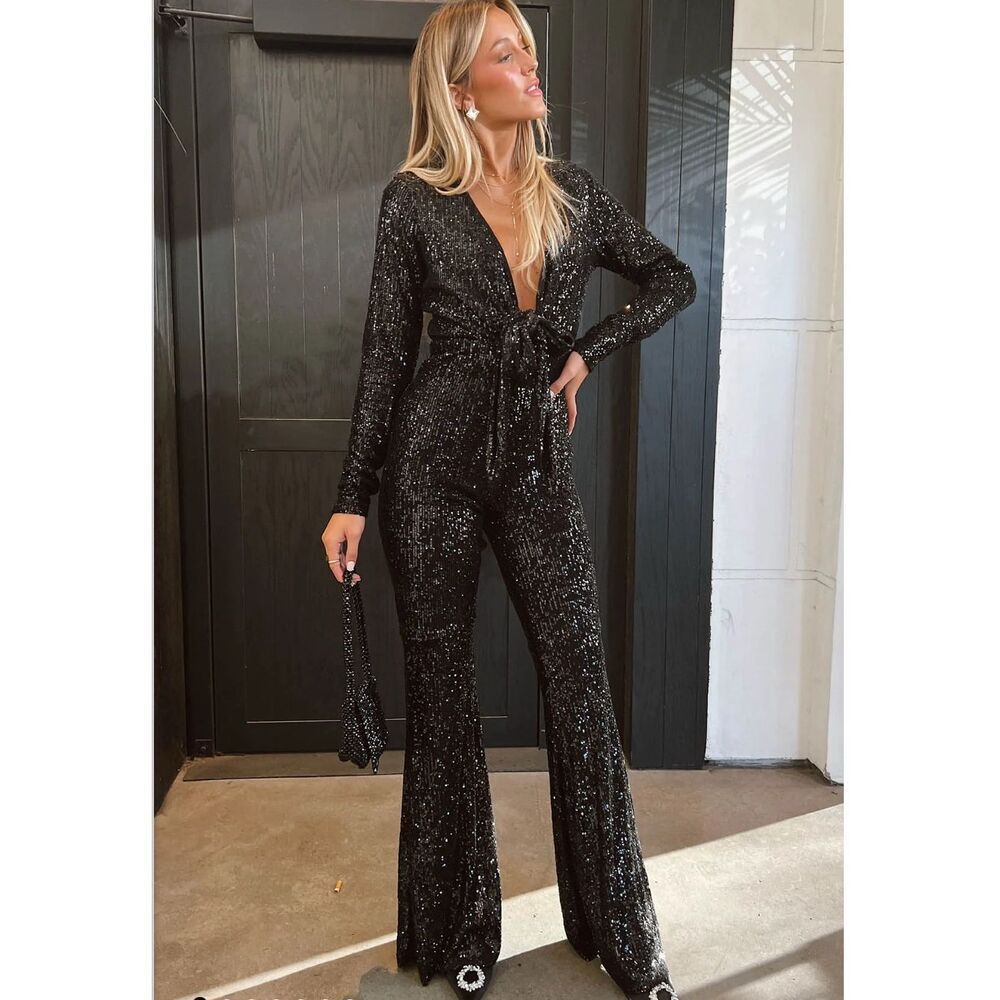 Show Me Your MuMu Martina Wrap Jumpsuit Black Sequins